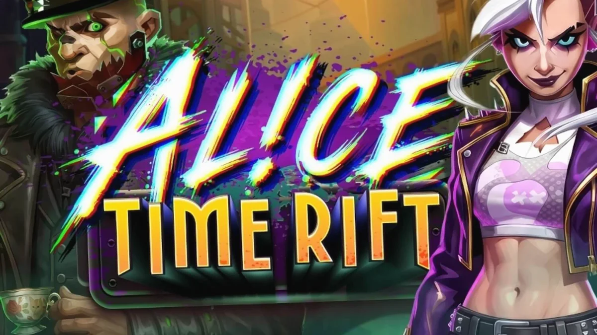 Tampilan visual slot Alice: Time Rift dengan tema steampunk yang gelap dan mekanik jam