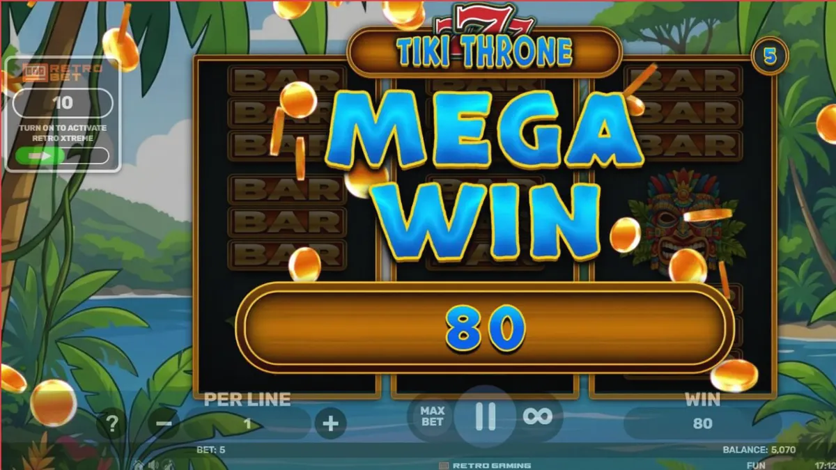 Tampilan visual slot 777 – Tiki Throne dengan tema tropis dan simbol klasik