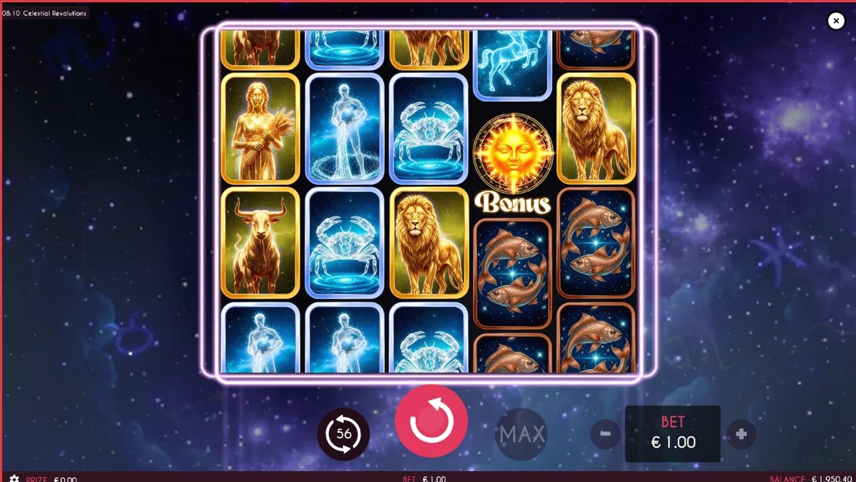 Tampilan visual slot Celestial Revolutions dengan tema zodiak dan kosmik